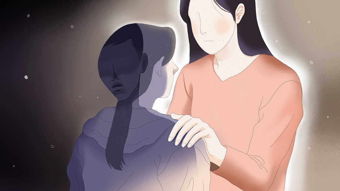 An illustration of a teenage girl with the shadow of a figure cast across her back. The girl faces her mother, who has her hand on her shoulder. The background shifts from dark to light as the girl is comforted by her mom.